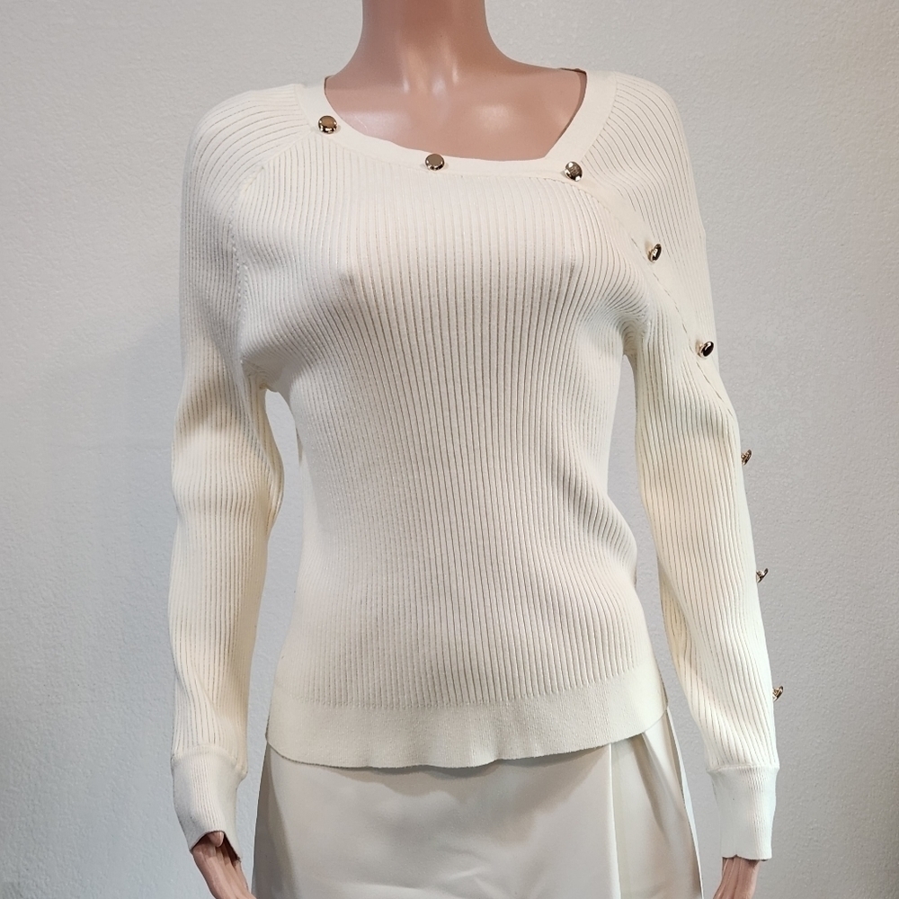Anthropologie Milly Asymmetric Button Placket Ribbed White & Gold Sweater Sz L